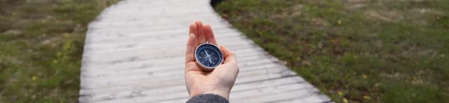 A person holds a compass while standing on a wooden path surrounded by greenery